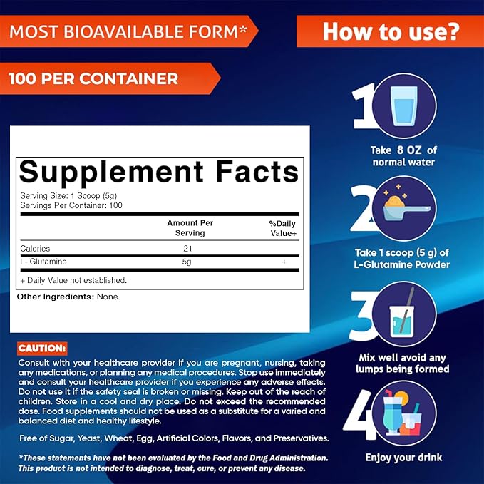 Vitamatic L-Glutamine Powder – 5000 mg per Serving – Unflavored – Non-GMO – GMP Quality – Supports Active Lifestyle, GI Health and Immune Function - 500 Gram