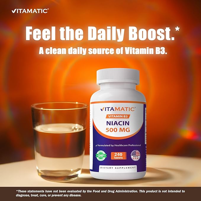 Vitamatic Niacin (Vitamin B3) 500mg,240 Tablets - Non-GMO & Gluten Free