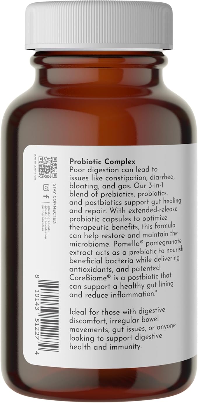 JUST INGREDIENTS Probiotic Complex - 60 Capsules, 5 Billion CFU, Prebiotics, Gut Health Support