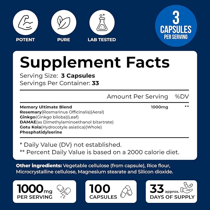 We Like Vitamins Phosphatidylserine Supplement with Gingko Biloba, Gotu Kola, DMAE - Improves Focus, Memory, Cognitive Function - Soy-Free 1000mg Memory Ultimate Complex - 100 Easy-to-Swallow Capsules