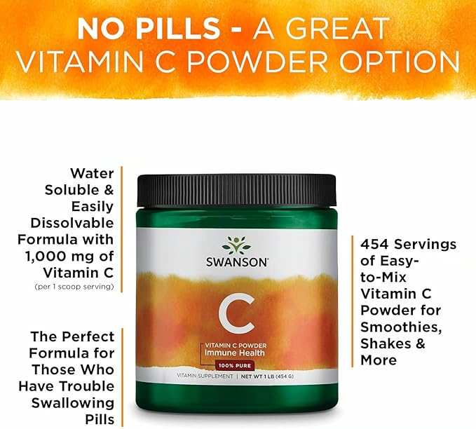 Swanson Vitamin C Powder 100% Pure Ascorbic Acid, Immune System Support, Skin Health, Cardiovascular Health, Antioxidant Supplement 1000 mg (per Serving) 1 lb. 454 g (3 Pack)