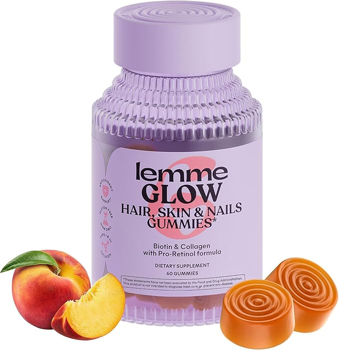 Lemme Glow Collagen Gummies for Thick Hair, Strong Nails & Healthy Skin with Multi-Collagen Peptides, Biotin, Trace Minerals, Zinc, Vitamins A, C & E, Dairy & Gluten Free, Peach Flavor, 60 ct.