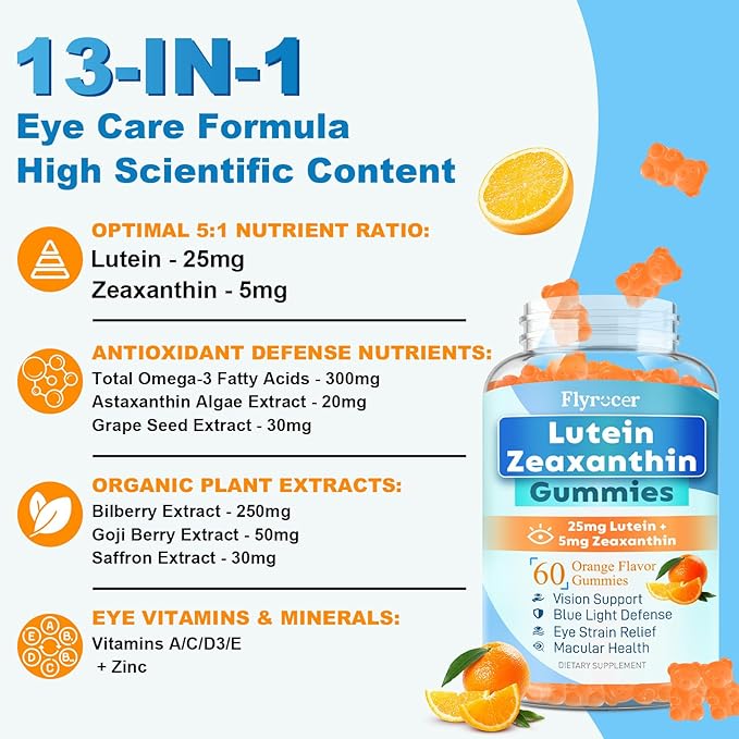 Sugar Free Lutein Gummies 25mg, Lutein and Zeaxanthin Supplements for Eye Health, 13-in-1 Eye Care Formula with Omega-3 Bilberry Saffron-Vision Health, Eye Strain, Dry Eyes,Vegan Orange Flavor 120 Cts