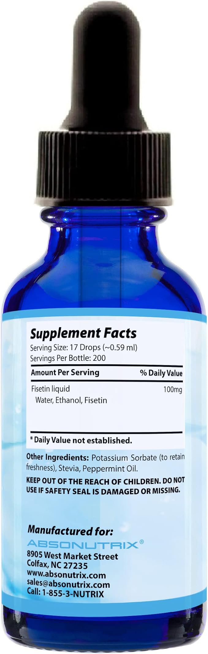 Absonutrix Fisetin 100 mg, 4 Oz Liquid, 200 Servings, Made in USA, Quick Absorption, Quality Potent Ingredients, Third-Party Tested, Non-GMO, GMP Certified, Cruelty Free Products