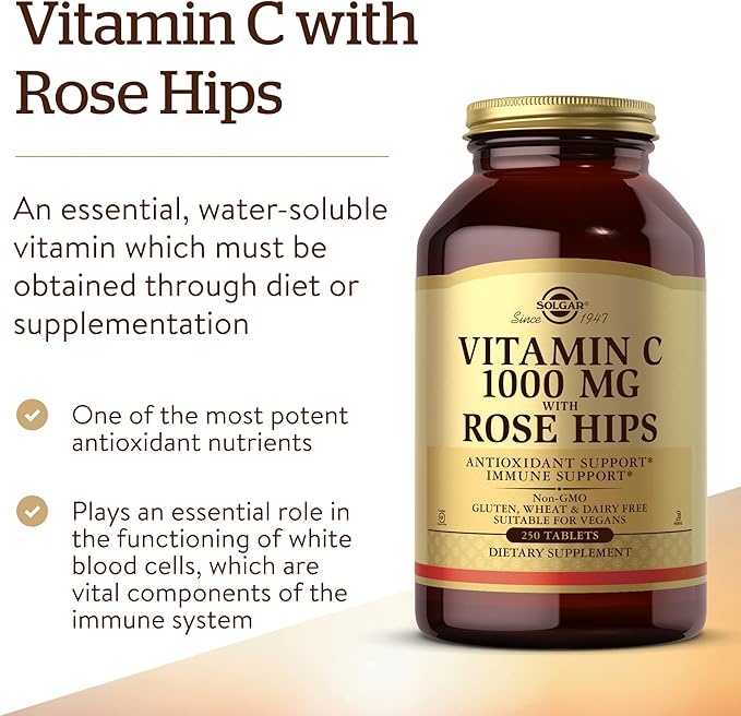 Solgar Vitamin C 1000 mg with Rose HIPS, 250 Tablets - Antioxidant & Immune Support - Overall Health - Supports Healthy Skin & Joints - Non-GMO, Vegan and Kosher - 250 Servings