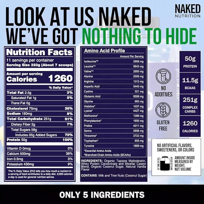 NAKED Vanilla Mass - All Natural Vanilla Weight Gainer Protein Powder - 8lb Bulk, NSF Certified, GMO Free, Gluten Free & Soy Free, No Artificial Ingredients - 1,260 Calories - 11 Servings