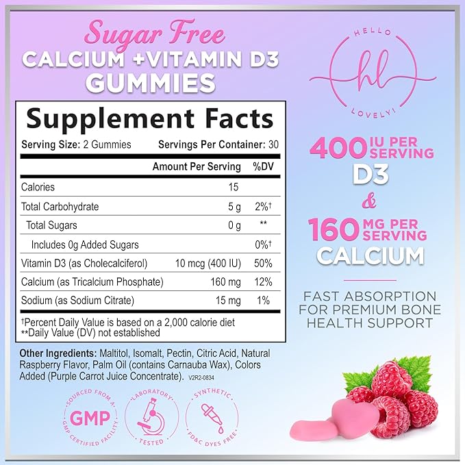 Calcium Gummies with Vitamin D3 10 mcg per Serving - Sugar Free Calcium Supplements for Bone Strength, Teeth & Immune Health Support - Natural Chews, Berry Flavored & High Absorption - 60 Gummies