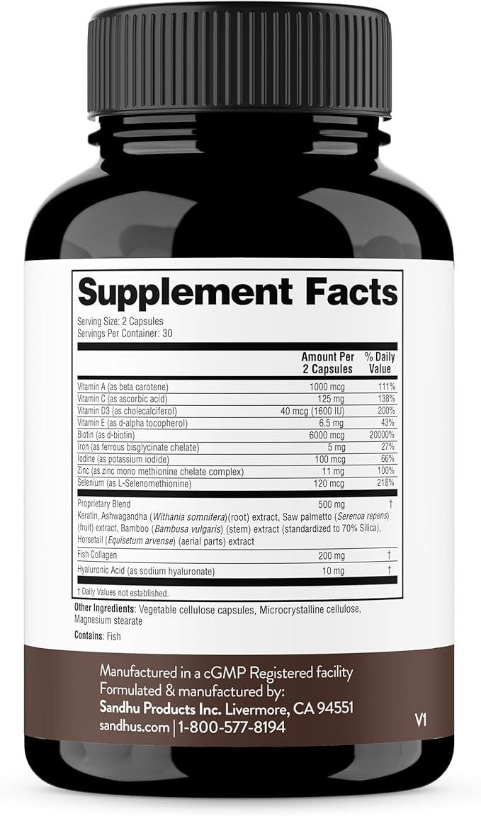 Sandhu's Biotin, Collagen & Keratin Complex | Supports Normal Hair Growth Cycle | Vitamins for Skin & Nails | Hair Supplements for Women & Men | Made in USA | 60 Capsule Pills | with Hyaluronic Acid