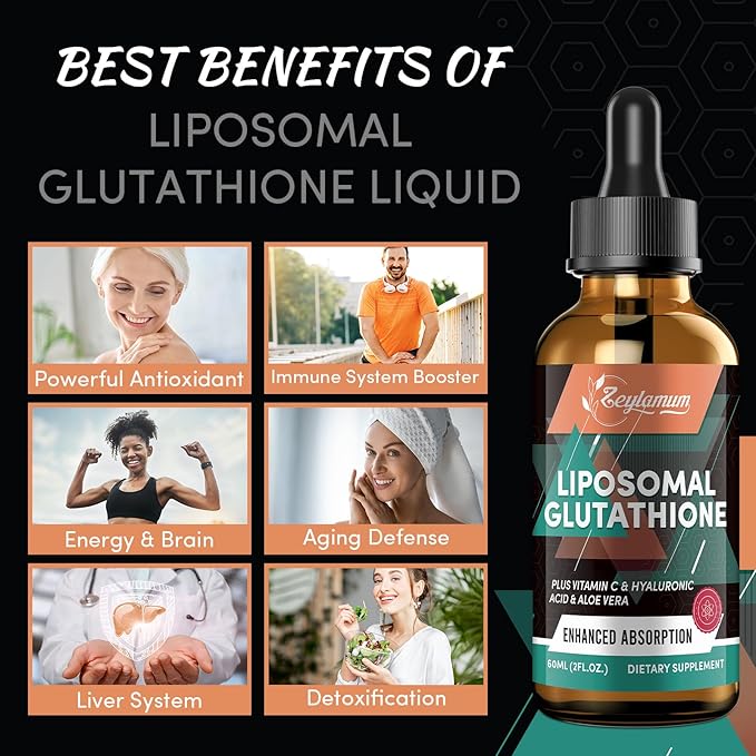 2000MG Liposomal Glutathione Liquid Drops, Ultra High Absorption, Natural Detoxification, Immune System & Skin Support*, L-Glutathione, Vitamin C & Hyaluronic Acid, Capsules Alternative, 4.05 OZ