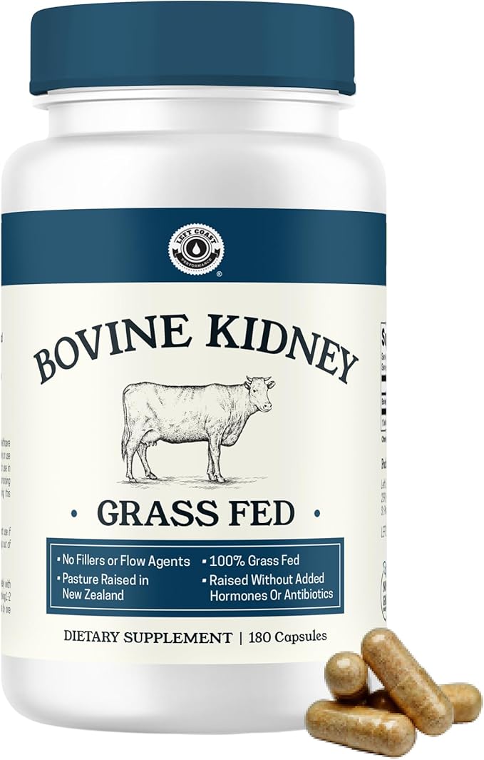 Left Coast Performance Grass Fed Beef Kidney Supplement –100% Grass Fed, Freeze Dried, Non-GMO, New Zealand Pasture Raised Beef Organ Supplement - DAO Enzyme and Histamine Support– 180 Capsules