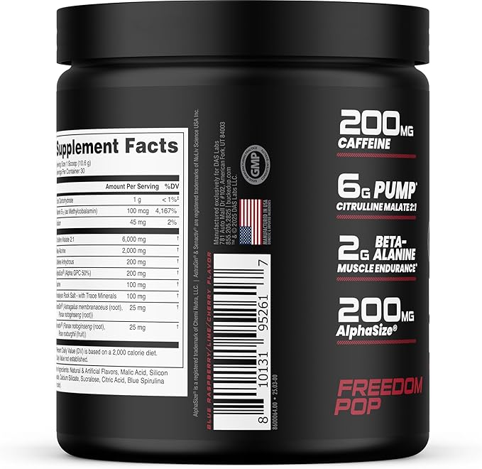 Bucked Up Pre Workout Freedom Pop | 200mg Caffeine with Citrulline Malate Beta Alanine AlphaSize and Taurine | Pre Workout Powder (30 Servings)