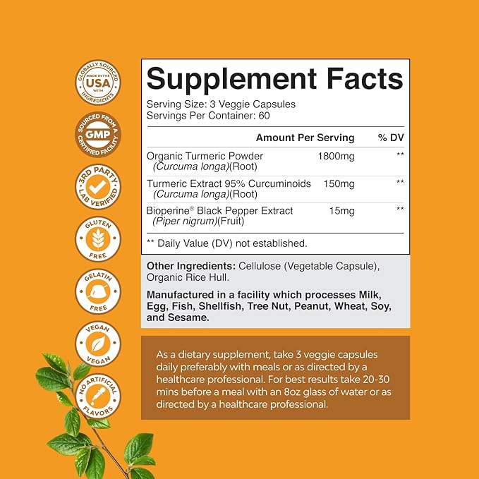 Turmeric Curcumin with Black Pepper Extract - Joint Health Turmeric Supplement with 95% Curcuminoids - Daily Joint Support Supplement with Turmeric and Bioperine for Enhanced Absorption - 180 Count