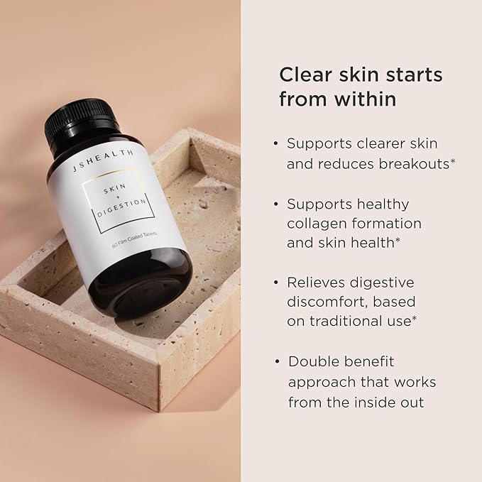 JSHealth Skin and Digestion Formula. Clear Skin Supplement with Zinc, Burdock, Turmeric. Supports Healthy Skin and Digestive Comfort. Vegan (60 Tablets)