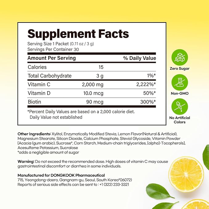 DONGKOOK Vita Pop 2,000mg Korean Vitamin C Powder Sugar Free Vitamin D & Biotin Powder Sticks, Lemon Drink Mix, Vitamin C Supplements Immune Support & Bioavailibity for Healthy Skin Non-GMO 30 Packets