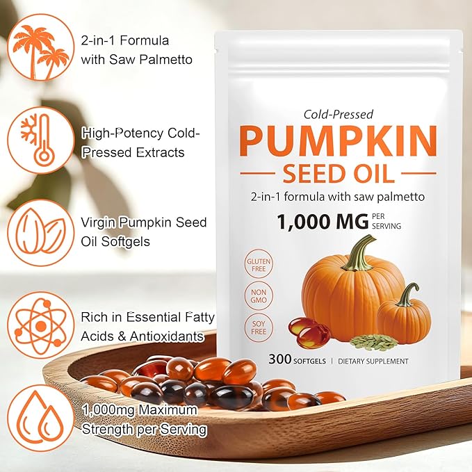 Pumpkin Seed Oil with Saw Palmetto, 1000mg for Hair Growth, Prostate & Urinary Health, Non-GMO, 300 Softgels, Cold-Pressed, Gluten-Free