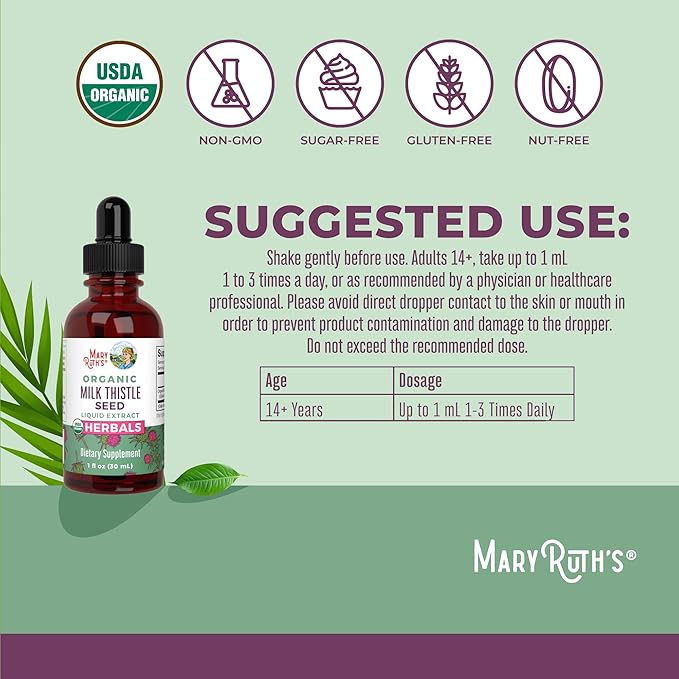 MARYRUTH'S Organic Milk Thistle Seed Liquid Extract Drops, 1 fl oz | 1,190 mg Milk Thistle Seed | Silybum marianum | Alcohol-Free | Vegan | USDA Organic | Non-GMO