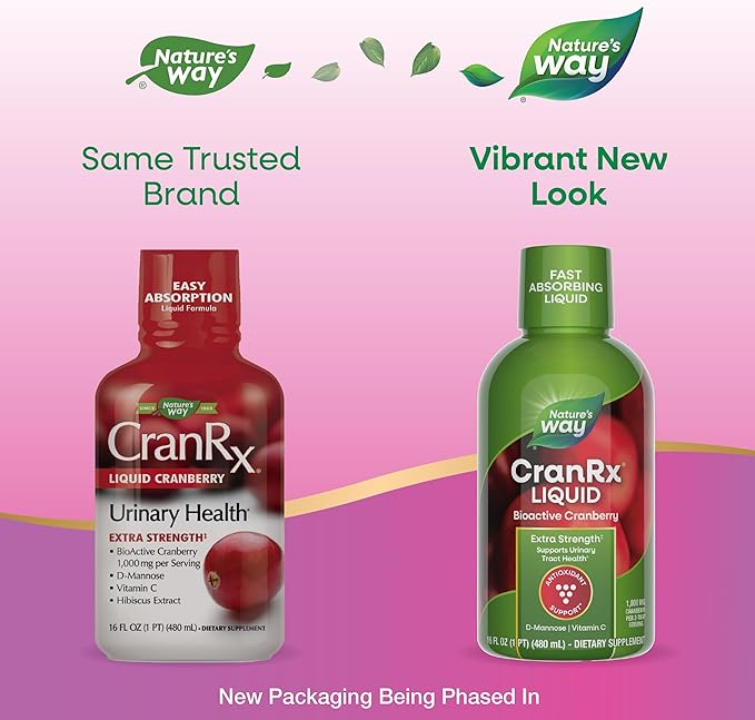 Nature's Way CranRx Extra Strength(1) Liquid, Supports Urinary Tract Health*, 1,000 mg Cranberry per 2-Tbsp Serving, D-Mannose, Vitamin C, Hibiscus, Gluten Free, Vegan, 16 Oz (Packaging May Vary)