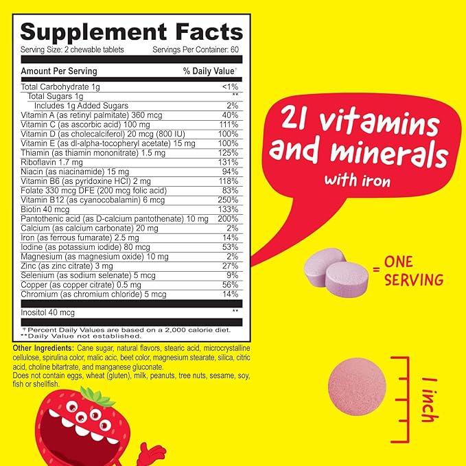 Kids Multivitamin with Iron & Minerals Chewable Tablets - Mixed Fruit Flavor - Vegetarian, GMO-Free, Nut Free - Dietary Supplement - Digestive Support for Children - 120 Chewables",