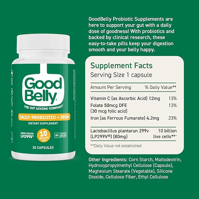 GoodBelly Probiotic Capsules for Digestive Health & Iron Absorption | Vegan Probiotic Supplement with 10 Billion Live Cultures | Probiotics for Women & Men | 30 Capsules
