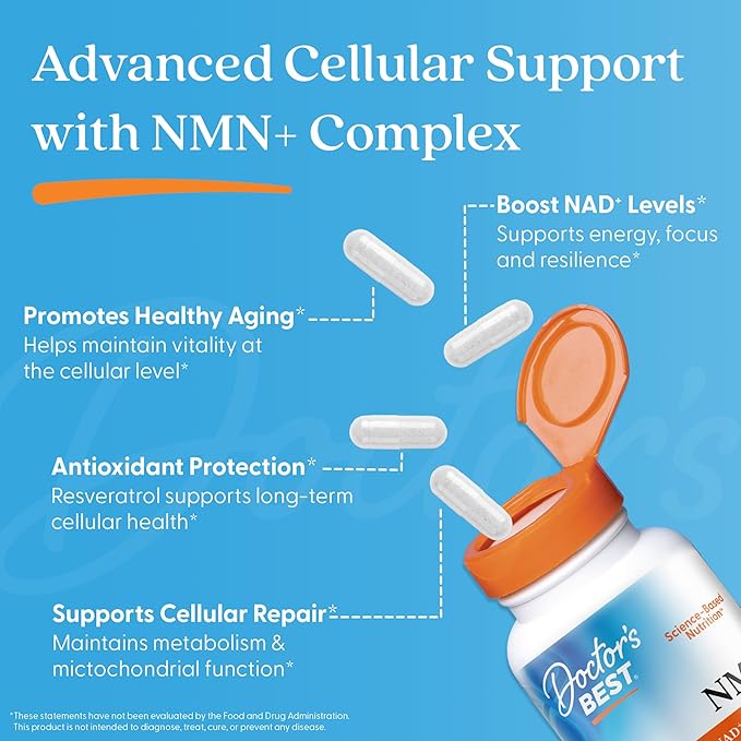 Doctor's Best NMN+ Complex Supplement Capsules for Women & Men - Supports NAD+ Production, Resveratrol 100mg & Beta Nicotinamide Mononucleotide 200mg per Capsule, Cellular Energy Support - 60 Veg Caps