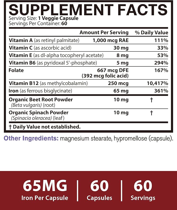 Iron Supplement for Women & Men, 65mg Ferrous Bisglycinate Chelate, Slow Release Iron with Vitamins A C E B6, B12, Folate, Organic Spinach & Beet Root Powder, for Blood Flow & Energy Support, 60 Caps