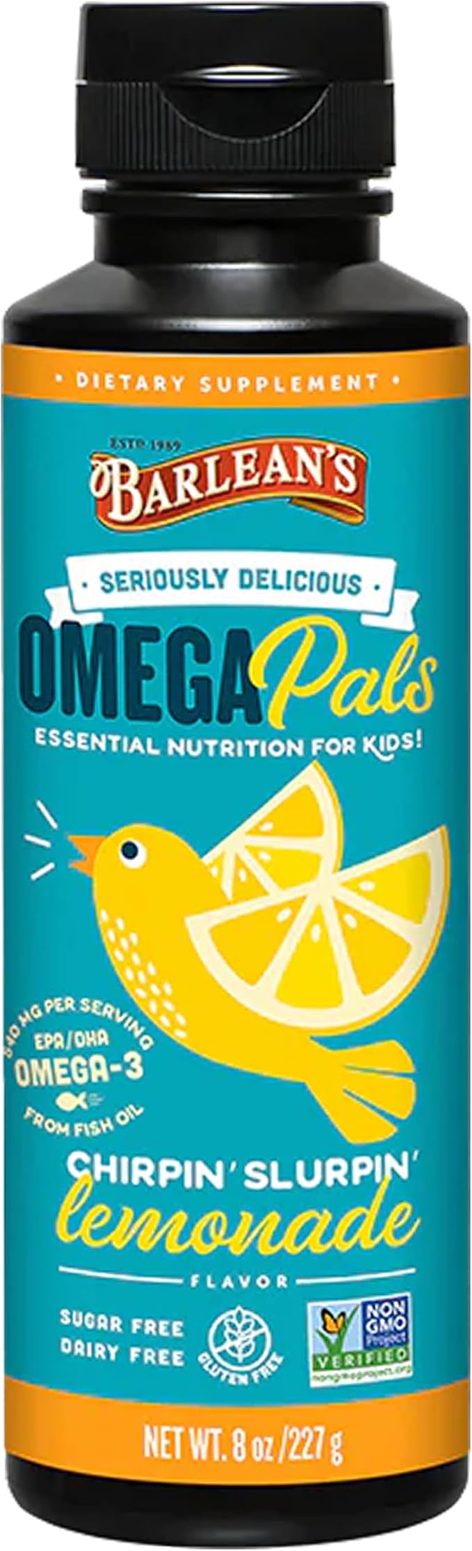 Barlean's Omega Pals Chirpin' Slurpin' Lemonade Flavored Omega-3 for Kids, Yummy Children's Liquid Fish Oil Supplement with 540 mg of EPA and DHA Fatty Acid for Brain & Eye Health, 8 oz