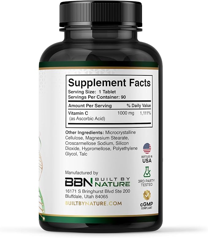 Built by Nature Vitamin C 1000mg – High Potency Immune Support Supplement – Vitamina C Antioxidant for Women & Men – Supports Energy, Skin & Collagen - 90 Tablets