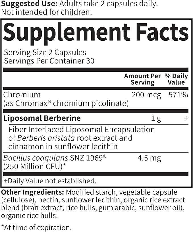Garden of Life Liposomal Berberine and Chromium Picolinate for Already Healthy Blood Sugar, Glucose Metabolism and Cholesterol with Probiotics for Easy Digestion, Non GMO, Gluten Free, 30 Servings