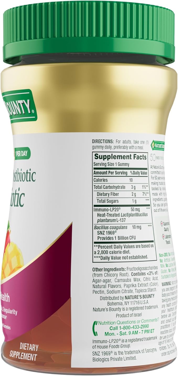 Nature’s Bounty Pre + Pro + Postbiotic Gummies for Digestive Health, Immune Support - Probiotic Gummies for Gut Health, Tropical Mango Flavor, 30 Ct (Pack of 2)
