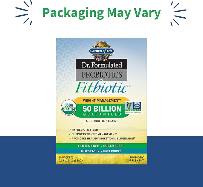 Garden of Life Dr. Formulated Probiotics Fitbiotic Weight Management Powder,50 Billion CFU & Prebiotic Fiber,Organic & Non-GMO Digestive Gut Health Probiotic Supplement,20 Serving Packets,(Pack of 2)