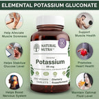 Natural Nutra Elemental Potassium Gluconate 99 mg Dietary Supplement – Promotes Energy, Helps Boost Nervous System, Promotes Heart Health, Mineral Regulation, Muscle Function - 250 Vegan Tablets