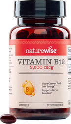 NatureWise Vitamin B12 3000 mcg - Extra Strength - Supplement for Supporting Energy Levels, Mental Clarity, Nervous System Health - Easy-to-Swallow, Soy and Gluten-Free, Non-GMO - 60 Softgels