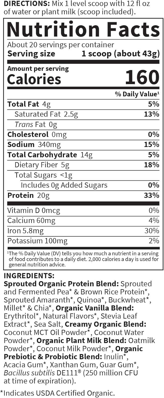 Garden of Life Creamy Plant Protein + Oat Milk Powder + Vanilla Flavor Vegan Protein Powder – Plant Based, Prebiotics & Probiotics, Gluten-Free, Non-GMO, Vanilla Cookie Flavor, 2 LBS