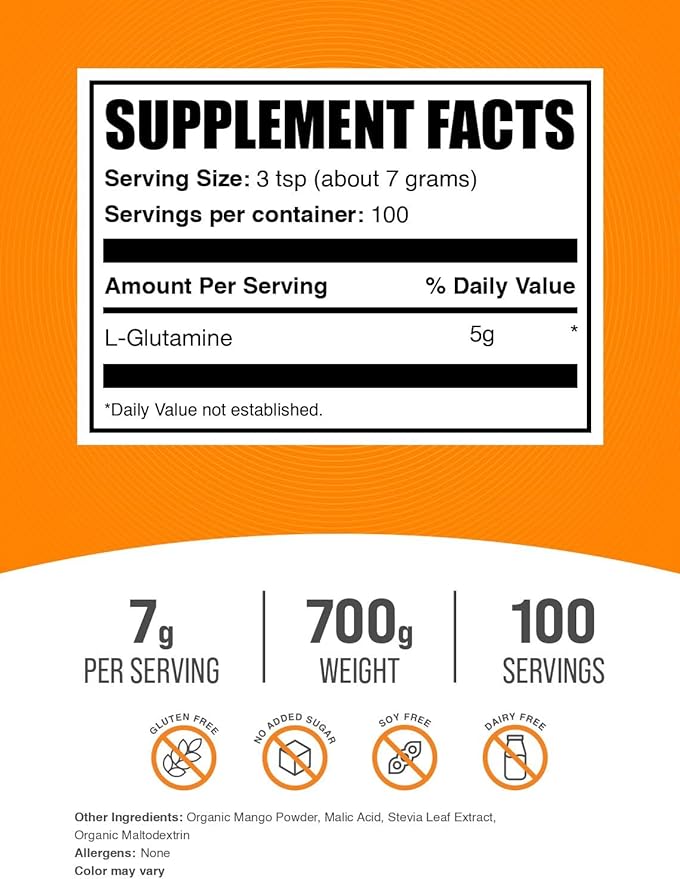 BulkSupplements.com L-Glutamine Powder - Glutamine Supplement, Amino Acid Supplement - Mango Tango Flavor, 7g per Serving, 700g (1.5 lbs) (Pack of 1)