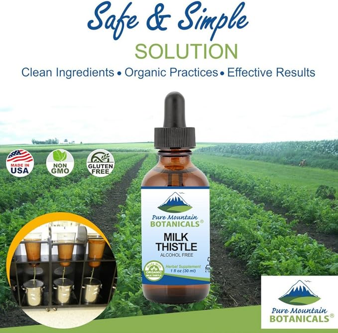 Pure Mountain Botanicals Milk Thistle Extract - Vegan, Kosher Certified Liquid Formula - Made with 333mg Organic Milk Thistle Tincture - 1 Fl Oz Bottle