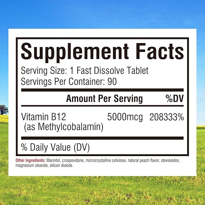 Innate Vitality Vitamin B12 5000mcg, Sublingual, Vegan Methylcobalamin, Fast Dissolve Tablets, Natural Peach Flavor, Supports Energy Production & Healthy Nervous System, 90 Tablets