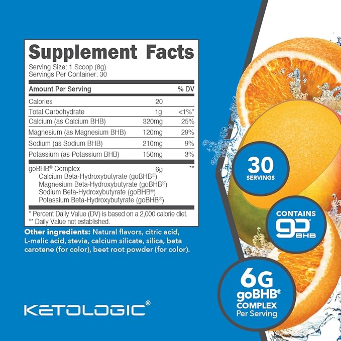 Ketologic Keto BHB (Orange Mango Flavor) 30 Servings - Exogenous Ketone Supplement with goBHB, Beta-Hydroxybutyrate Salts