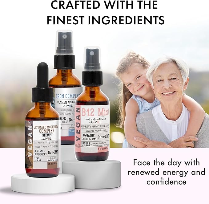 Ultimate Vegan Essential Bundle Liquid Spray- Ultimate Mushroom Complex, Iron Bisglycinate, and Vitamin B12 Methylcobalamin, All Natural, Non-GMO, Gluten Free, Sugar Free 2 Fl Oz 360 Days Supply
