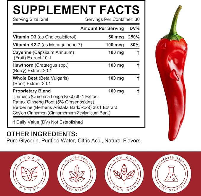 Cayenne Pepper Drops Supplement Liquid with Hawthorn Berry, Vitamin D3 K2 Beet Root Powder, Ceylon Cinnamon, Turmeric Curcumin, Organic Panax Ginseng, Berberine Extract Organic