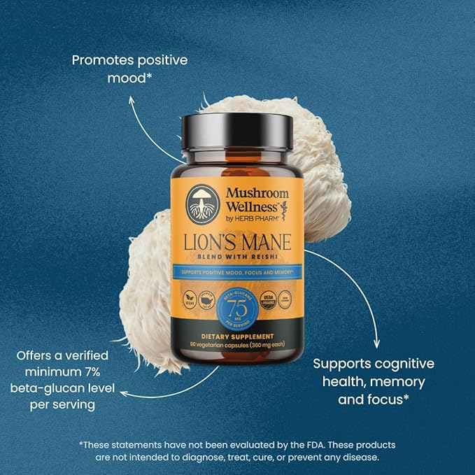 Mushroom Wellness Lion’s Mane Blend with Reishi: Organic Lion's Mane & Reishi Mushroom Capsules, Mushroom Powder Supplement, Supports Cognitive Health, Memory, and Mental Focus, 90 Vegan Capsules