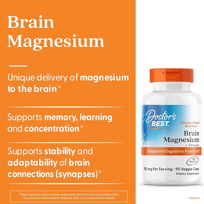 Doctor's Best L-Threonate Supplement - Magtein Magnesium L Threonate Capsules, Memory & Focus Support for Women & Men, 150 mg Per Serving, Vegan, Gluten Free - 90 Veggie Caps