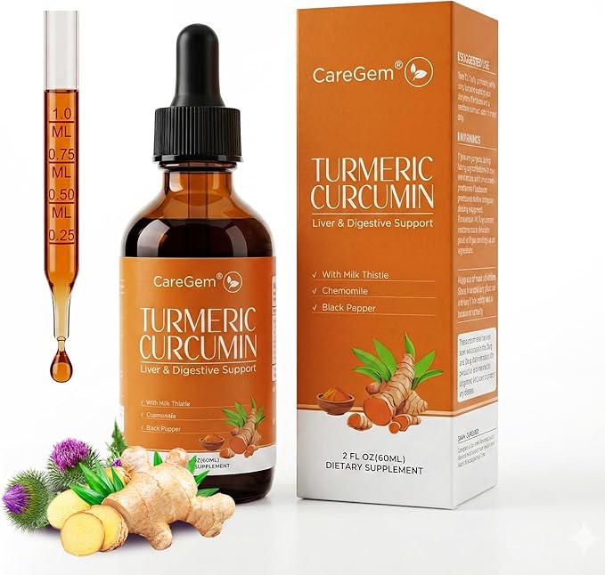 Turmeric Curcumin Complex Liquid Drops with Milk Thistle, Dandelion & Chamomile | High-Absorption Herbal Blend with Black Pepper & Ginger | Orange Flavor | 2 fl oz