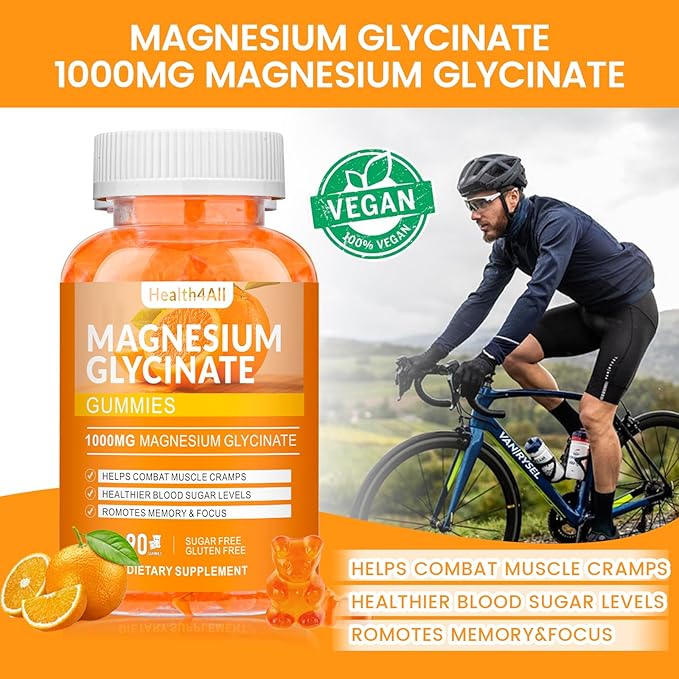 Magnesium Glycinate Gummies 1000mg, High Absorption Sugar Free Magnesium Potassium Supplement for Relaxation, Stress Relief, and Sleep Support for Adults & Kids - 180 Orange Gummies
