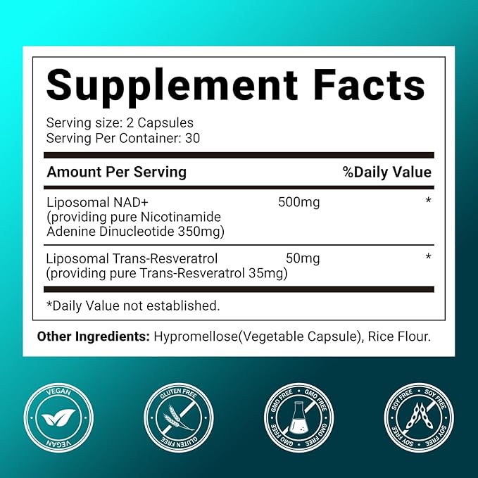 NAD Supplement 500mg, Liposomal NAD+ Supplement with Trans-Resveratrol for Women & Men, Vegan Non-GMO, 60 Capsules