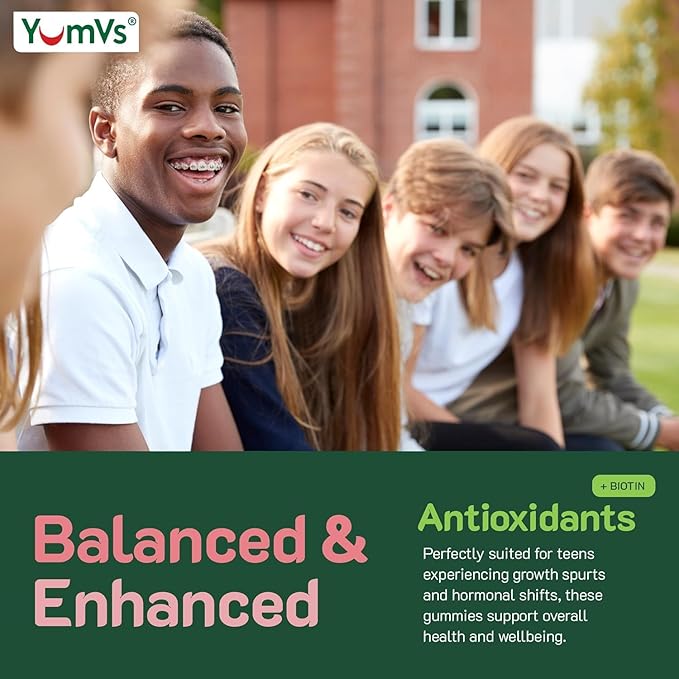YumVs Teen Multivitamin Gummies with Biotin and Antioxidants - Raspberry Flavor - Hair Skin Nails Support - Kosher Teenager Vitamins for Boys and Girls 12-17 (60 Count (Pack of 2))