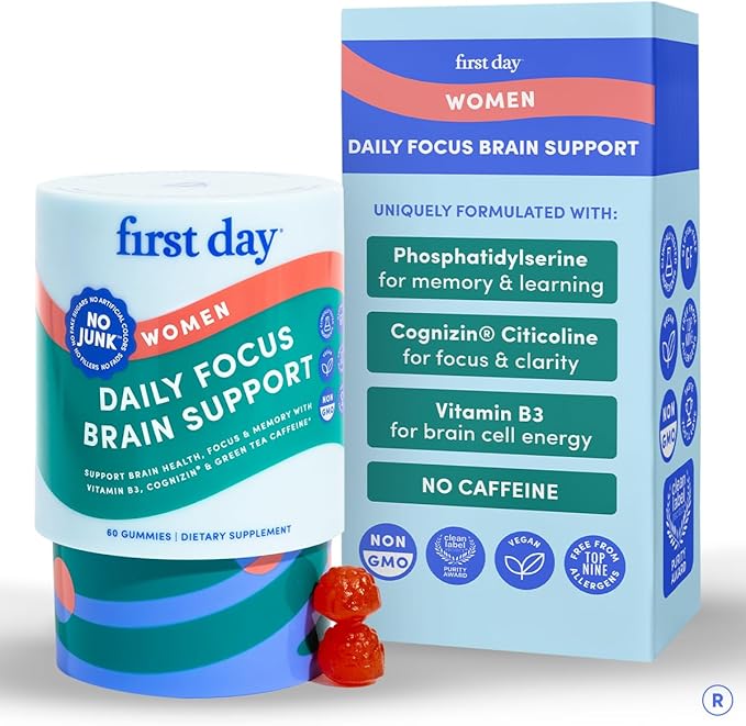 FIRST DAY Women’s Brain Gummies for Focus, Memory & Clarity | Cognizin® Citicoline + Phosphatidylserine | Natural Sustained Energy, Peach Flavor, Vegan, Non-GMO | 30-Day Supply