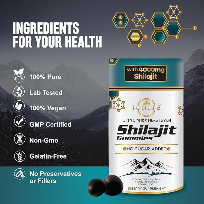 Pure Himalayan Shilajit Gummies 4000mg, Sugar-Free with KSM-66 Ashwagandha, Gokshura & 75% Fulvic Acid - 60 Gummies