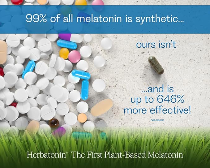 Herbatonin® 0.3 mg – The First Plant-Based, Natural Vegan Melatonin Supplement (Phyto-Melatonin) - Low Dose Sleep Aid, Supports Circadian Rhythm & Cellular Health – 90 Capsules (90 Day Supply)