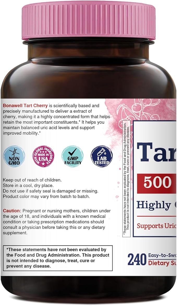 Bonawell Tart Cherry Capsule, 500mg Extract Per Capsule, Made from Montmorency Tart Cherries, Powerful Uric Acid Cleanse, Antioxidant Support, 8 Month Supply, 240 Capsules