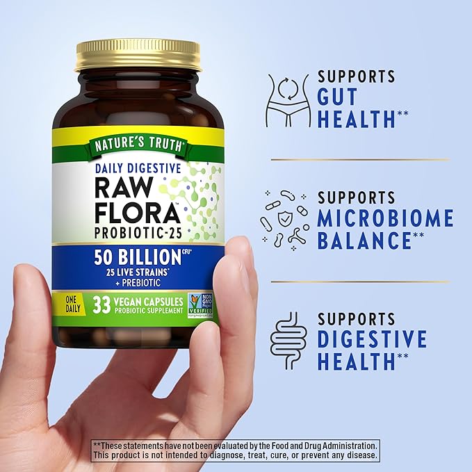 Raw Flora Probiotics with Prebiotics | 50 Billion CFU | 33 Daily Digestive Capsules | Vegan, Non-GMO & Gluten Free Supplement for Women and Men